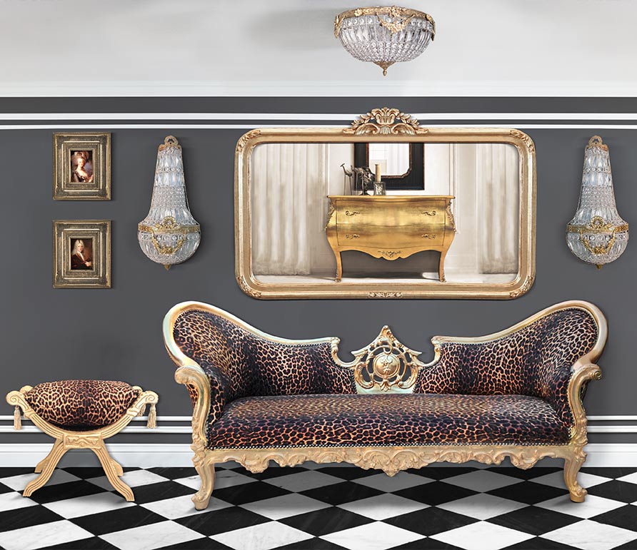 Baroque Napoleon III sofa and bench Dagobert leopard fabric and gilded Royal Art Palace